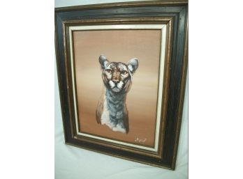 Oil On Canvas By Gary Ampel 'Pensive Mountain Cat' In Frame