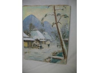 Interesting Vintage Japanese Snow Scene - Oil On Canvas Marked 'Funadka'