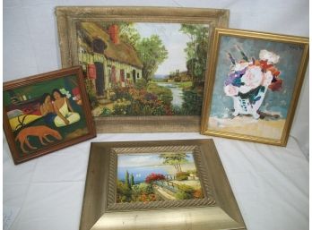 Four Vintage Oil Paintings (2) Oil On Board (2) Oil On Canvas - Nice Lot