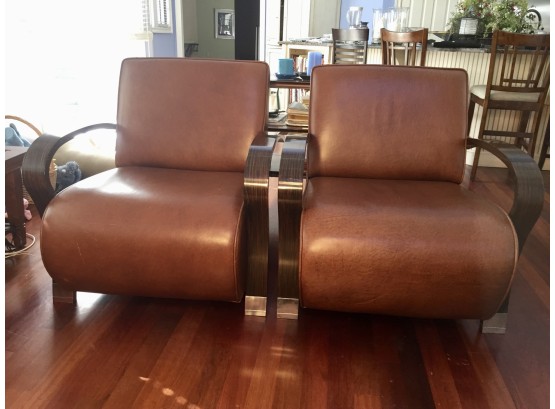 Pair Of Lilian August Brown Leather Chairs With Bentwood And Chrome Arms