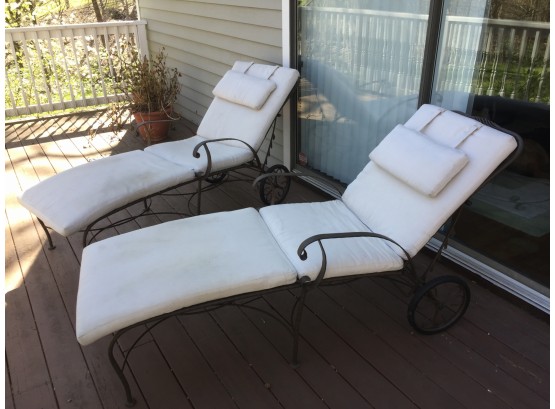 Vintage Pair Of Wrought Iron Chaise Lounge Chairs With Full Cushions