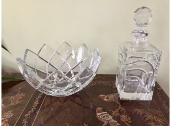 Cut Glass Lotus Flower Form Bowl And Stoppered Decanter