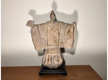 Carved Asian Man With Robes And Fan On Raised Rosewood Base
