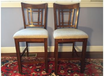 Pair Of Hardwood Counter Height Upholstered Seat Stools