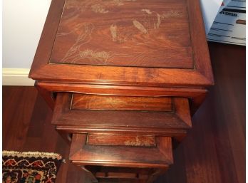 Three Nesting Tables With Beautiful Inscribed Equestrian Scenes On Each Table Top