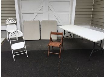 Three Molded Plastic Folding Utility Tables And Three Folding Chairs
