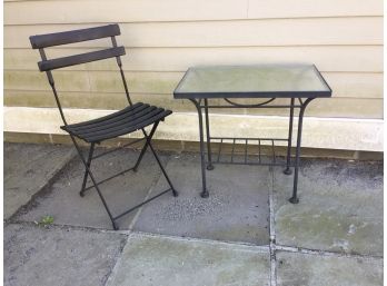 Small Wrought Iron Glass Top Table And Folding Chair
