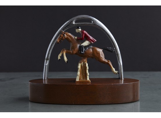 Unusual Antique Lead Painted Show Jumper Figurine With Stirrup On Wood Base Sculpture, 1970's