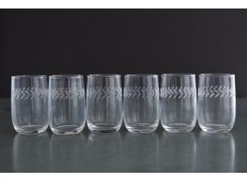 Set Of 6 +3 (found 3 More Not On Photos) Small Water Glasses With Etched Leaf Ornaments, Circa 1940's
