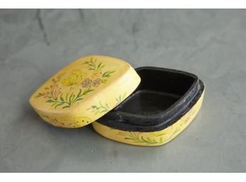 Hand Painted Yellow And Black Wooden Box From Kashmir, India, Circa 1970's