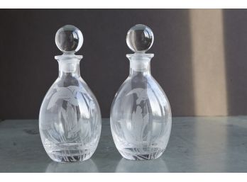 Pair Of Matching Glass Carafes With Etchings Ducks In Nature
