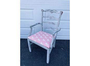 Vintage Shabby Chic Refinished White Washed Ladder Back Style Chair W/ Pink Unicorn Fabric