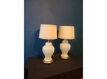 Lamp Pair With Twirled Iridescent Bases.  Vintage Patina.