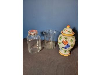Deruta Ceramics Cookie Jar And 2 Other Glass Containers. - - - - - - - - - - - - - - - - - - - - Loc: S2 Box