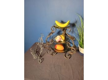 Decorative Display Group. 3 Tiered Glass Iron Fruit Holder And Cookbook Stand. - - - - - - - -- - - - Loc:LR