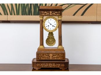 Fabulous Marquetry Inlaid Counter Clock With Pillars And Gilt Decoration