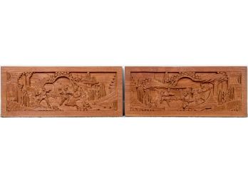 Pair Of Japanese Wooden Carved Reliefs