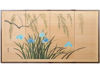 A Japanese Decorative Four Panel Painted Screen