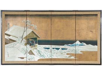 Japanese Mixed Media Four Panel Screen