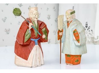 Hand Carved Wooden Japanese Figures Marked Underfoot