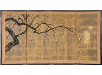 Japanese Mixed Media Wall Panel Depicting A Tree With Flowering Buds