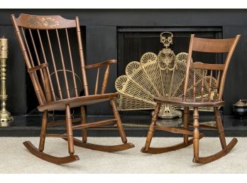 Compatible Set Of Rocking Chairs, One With A Hand Painted Top Crest