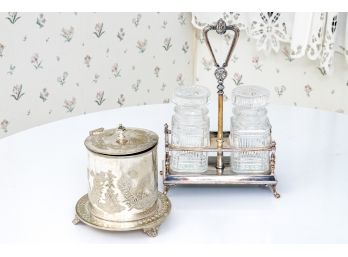 Cruet Set/pickle Jars And Silver Plated Tea Caddy