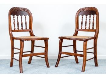 Pair Of Diminutive Rush Woven Seat Highly Decorative Chairs