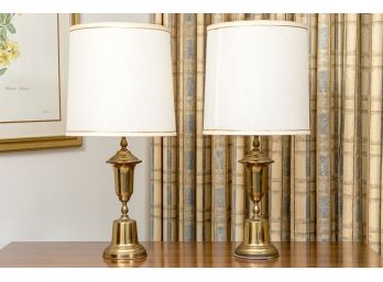 Pair Of Brass Bedside Lamps In Vaseform Style Raised On A Graduated Pedestal