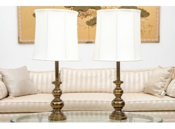 Pair Of Brass Lamps With White Pleated Shades