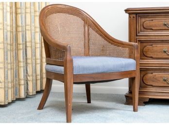 Handsome Wicker Back Tub Chair With Fitted Blue Upholstery