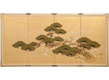 Japanese Gilded Panel Depicting Blossoms And Trees