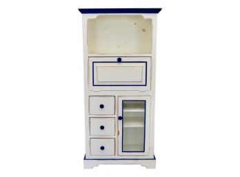 Hand Painted Blue Trim Antique White Tall Multi Purpose Cabinet