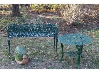 Green Plant Stand, Garden Table And Ceramic Snail Statue