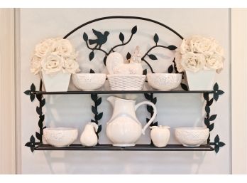 Floral Design Decorative Metal Wall Shelf With Pottery Garnishing