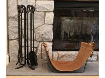 Fireplace Tools And Suede Log Holder