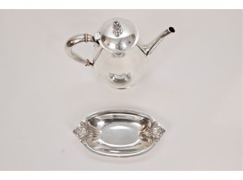 Set Of 2 Royal Danish International Sterling Silver Teapot & Serving Dish 32.42 Toz.
