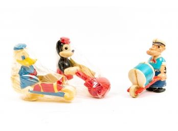 Three Vintage Walking Figures (Popeye, Mickey, Donald)