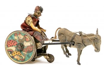 Vintage German Tin Litho Clown On Donkey Cart