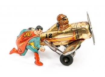 Vintage Mar Tin Litho Flying Superman With Plane