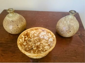 Vintage Spongeware Bowl Paired With Two Hand SpunCeramic Vases
