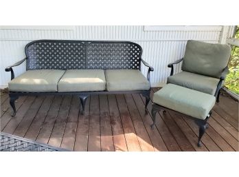 Matching Outdoor Sofa And Chair With Ottoman By Patio.com In Solid Cast Iron Basket Weave Design
