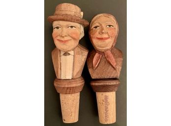 Vintage Pair Hand Carved Wood Wine Bottle Stoppers - Man Woman 1 - Italy - Isolabella Liqueur - Anri