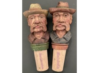 Vintage Pair Hand Carved Wood Bottle Wine Stopper Old Men Wearing Fedoras - Isolabella Liqueur - Italy - Anri