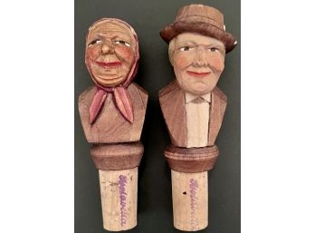 Vintage Pair Hand Carved Wood Wine Bottle Stopper - Husband & Wife 2 - Italy - Isolabella Liqueur - Anri