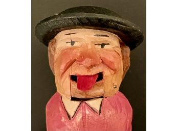 Vtg Hand Carved Mechanical Wood Bottle Stopper - Man Sticks Tongue Out 1 - Italy - Isolabella Liqueur - Anri