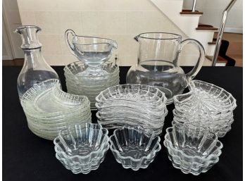 Large Of Of Vintage Glass Pieces - Crescent Plates, Paneled Plates, Pitcher, Small Bowls