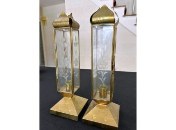 Pair Of Vintage Etched Glass  Candle Holders