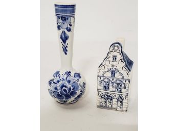 Vintage Delfts Holland Hand Painted Porcelain Miniatures - Bud Vase & House