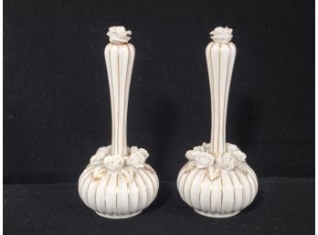 Pretty Set Of Two Vintage White Porcelain With Applied Flowers & Gold Leaf Accents Perfume Bottles / Dabbers